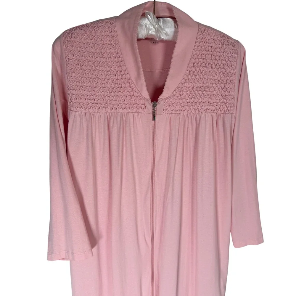 Cuddledown 100% Pima Cotton Smocked Zip Front Long Robe Housecoat Large Pockets